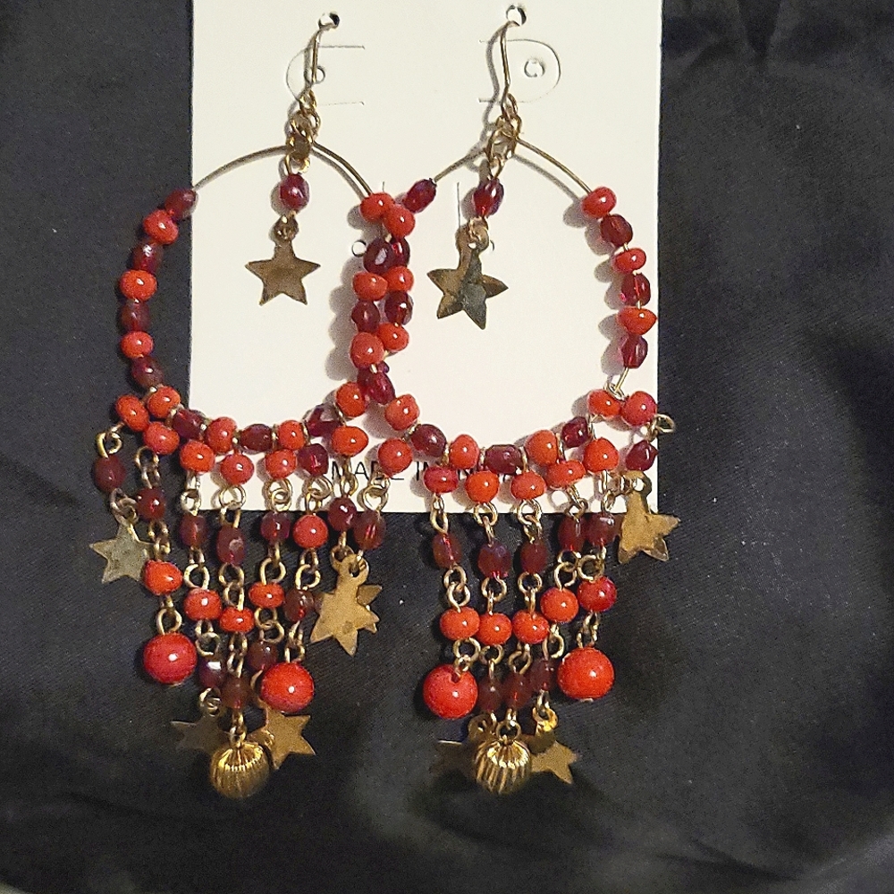 Beaded red and gold star charm drop earrings